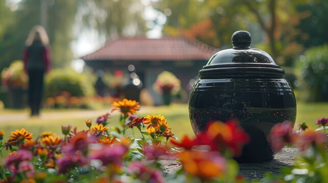 A black urn with ashes among bright flowers. People at the cemetery. Generative AI