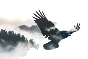 A large bird flying over a forest filled with trees. Double exposure of flying raven with forest on mountains on white background.