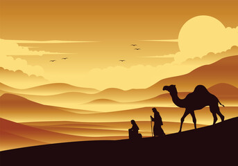 desert and camels. You can use it for Islamic backgrounds, banners, posters, websites, social media and print media. Vector illustration. EPS 10 - obrazy, fototapety, plakaty