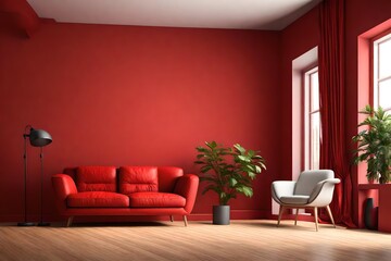 Modern Room Concept with an Armchair and Empty Red Wall. 3D Render