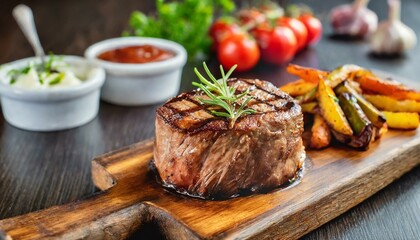 Succulent thick juicy portions of grilled fillet steak served with tomatoes 