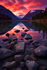 Magical Sunset over Pristine Lake amidst the Majestic Mountains: A Captivating Symphony of Nature