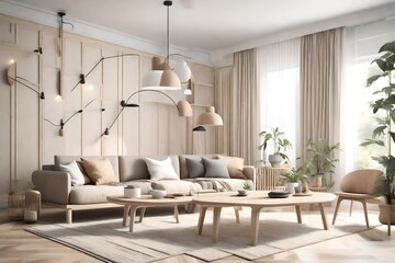 Scandinavian interior design living room 3d render with beige colored furniture and wooden elements