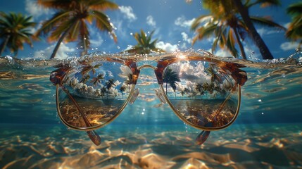 Sunglasses on the beach. Sunglasses against the backdrop of the sea and palm trees. Generative AI