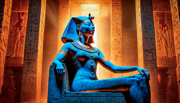 The beautiful Egyptian goddess-pharaoh Hatshepsut sits on a golden throne in the Dendera temple