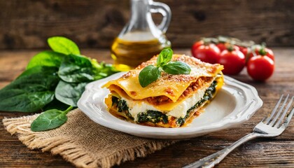  delicious homemade lasagne with ricotta cheese and spinach on wooden table