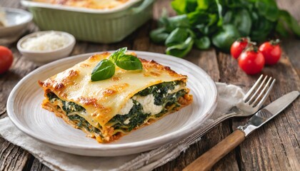  delicious homemade lasagne with ricotta cheese and spinach on wooden table