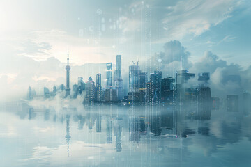 Futuristic city skyline merging with digital code, symbolizing business innovation