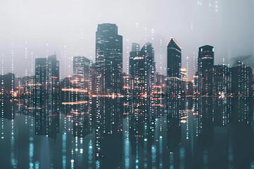 Futuristic city skyline merging with digital code, symbolizing business innovation