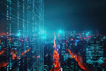 Obraz premium Futuristic city skyline merging with digital code, symbolizing business innovation