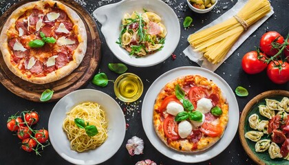Fototapeta na wymiar Full table of italian meals on plates Pizza, pasta, ravioli, carpaccio. caprese salad 