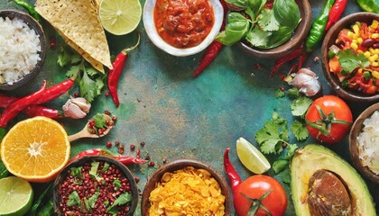 Mexican food mix copy space frame colorful background Mexico