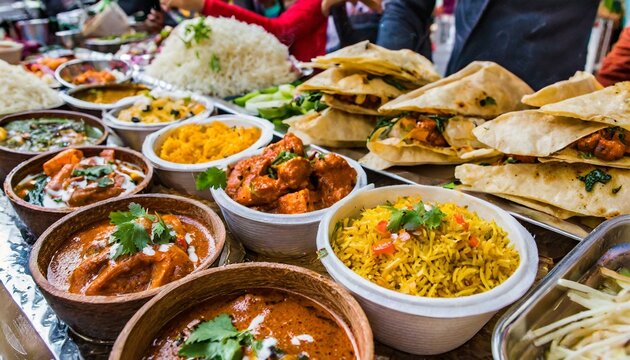 Oriental food - Indian takeaway at a London market 