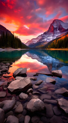 Fototapeta na wymiar Magical Sunset over Pristine Lake amidst the Majestic Mountains: A Captivating Symphony of Nature