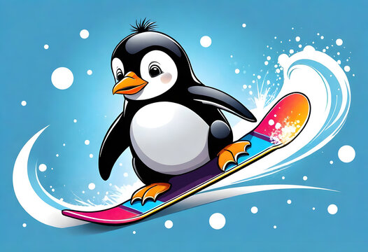The image shows a penguin riding a snowboard on a wave.