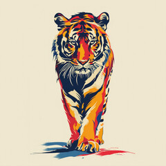 A minimalistic, colorful depiction of a poised tiger, symbolizing strength and free spirit through clean lines and modern design.