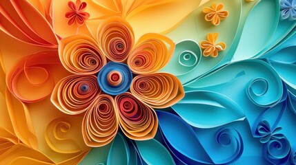 Delicate art of quilling with multicolored paper strips arranged on vibrant, colorful paper.