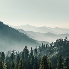 Beautiful misty mountain landscape with Pine tress