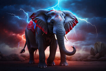 elephant with red blue lightning background