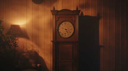 A clock without hands in a dimly lit room, symbolizing the timeless nature of existential questions and the search for meaning. 8k