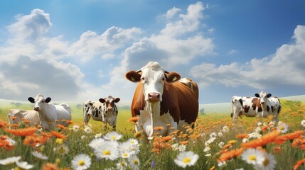 pasture cow flowers - obrazy, fototapety, plakaty