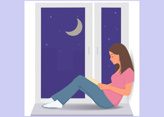 Vector illustration  girl sitting on the windowsill and reading a book. The girl is preparing for the exam.