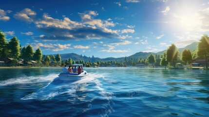 adventure boating fun lake - obrazy, fototapety, plakaty