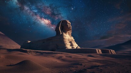 A desolate desert under the starry night sky, where a sphinx sits, guarding the entrance to an ancient, undiscovered tomb. 8k - Powered by Adobe