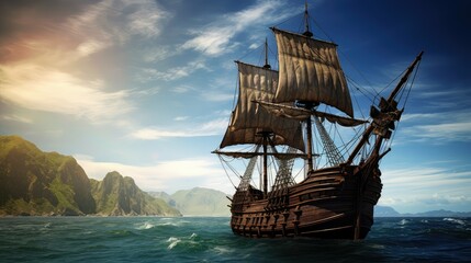 treasure old pirate ship - obrazy, fototapety, plakaty