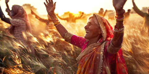 joyful elderly indian woman dancing among the eared wheat field with other people, the holiday Baisakhi holiday, poster - obrazy, fototapety, plakaty