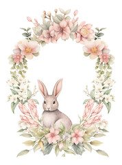 watercolor floral frame with Easter bunny Spring wild flowers