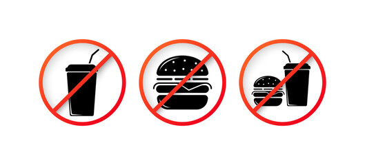 Fast food is prohibited icons. Drink and burger ban icons. Silhouette and flat style. Vector icons