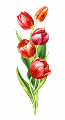 Red tulips bouquet. Hand drawn watercolor illustration  isolated on white background