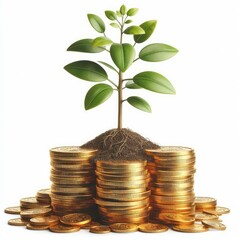 Fototapeta na wymiar A plant coming out of gold coins isolated on white background 