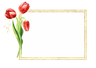 Red tulips bouquet, greeting card template, Hand drawn watercolor  illustration isolated on white background