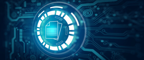 Document Management System (DMS). Document internet data hologram with Technology blue background. Business Online Technology Concept. 3D illustration.
