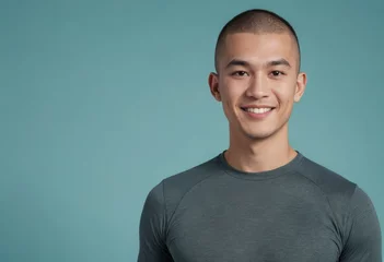 Fotobehang A man with a buzz cut and a confident smile wears a grey tee, presenting a look of casual ease and simplicity. © natakot