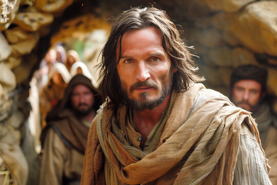 Jesus Christ followed by his apostles