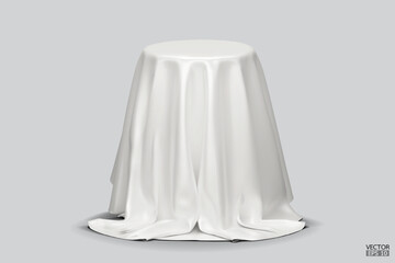 Podium covered with a piece of white silk isolated on beige background. Realistic box covered with white cloth. Podium for product, cosmetic presentation. Creative mock up. 3d vector illustration.