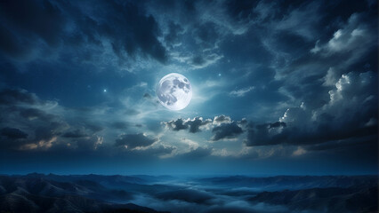 Obraz premium Night sky with full bright moon in the clouds