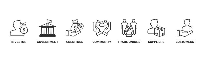 Stakeholder relationship banner web icon vector illustration concept for stakeholder, investor, government, and creditors with icon of community, trade unions, suppliers, and customers	