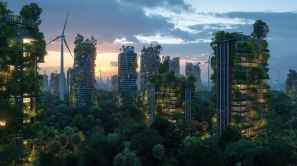 A panoramic view of a futuristic eco-city at dusk, with skyscrapers covered in greenery, solar panels, and wind turbines in the background. 8k