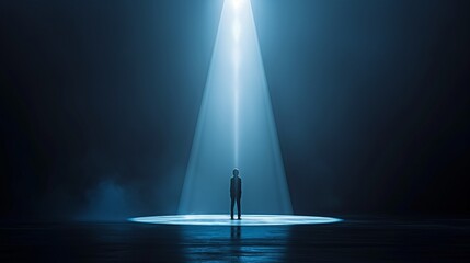 A person standing alone on a stage, spotlighted by a single beam of light, surrounded by darkness, reflecting the vulnerability of facing one's fears. 8k