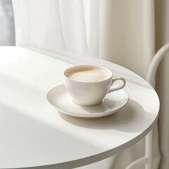 A cup of coffee on white table with minimal background.