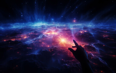 Cosmic space and a hand pointing into the distance.