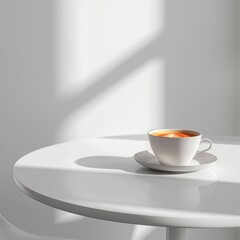 A cup of coffee on white table with minimal background.