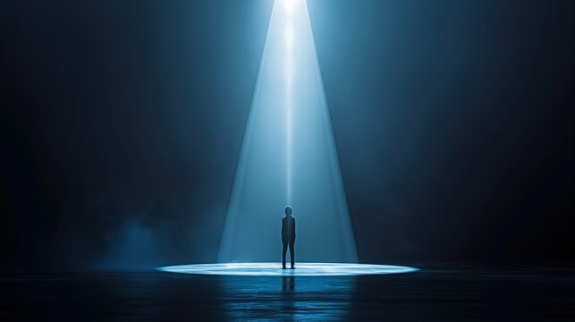 A person standing alone on a stage, spotlighted by a single beam of light, surrounded by darkness, reflecting the vulnerability of facing one's fears. 8k