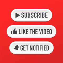 Button Icon Set for Channel. Like the video, get notified, and Subscribe. Button to subscribe to channel, blog. Web button for promotion and marketing. Vector illustration