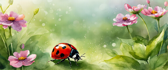 A pink flower in full bloom and a red ladybug in the bush. Illustration in watercolor style. Abstract watercolor painting.