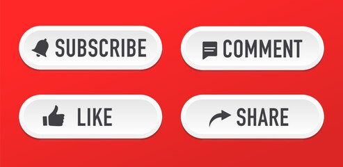 Button Icon Set for Channel. Like, Comment, Share, and Subscribe. Red button to subscribe to channel, blog. Web button for promotion and marketing. Vector illustration